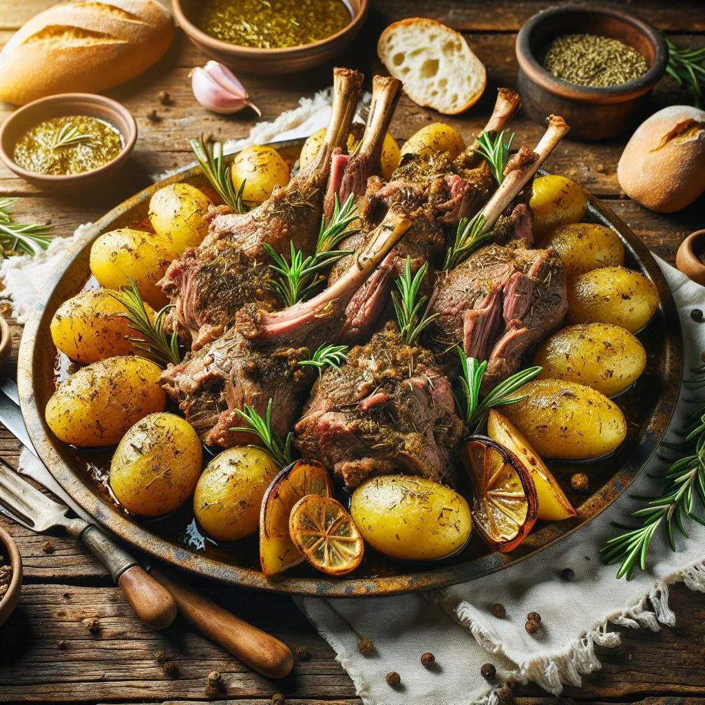Slow-roasted lamb kleftiko with potatoes and herbs in a baking dish