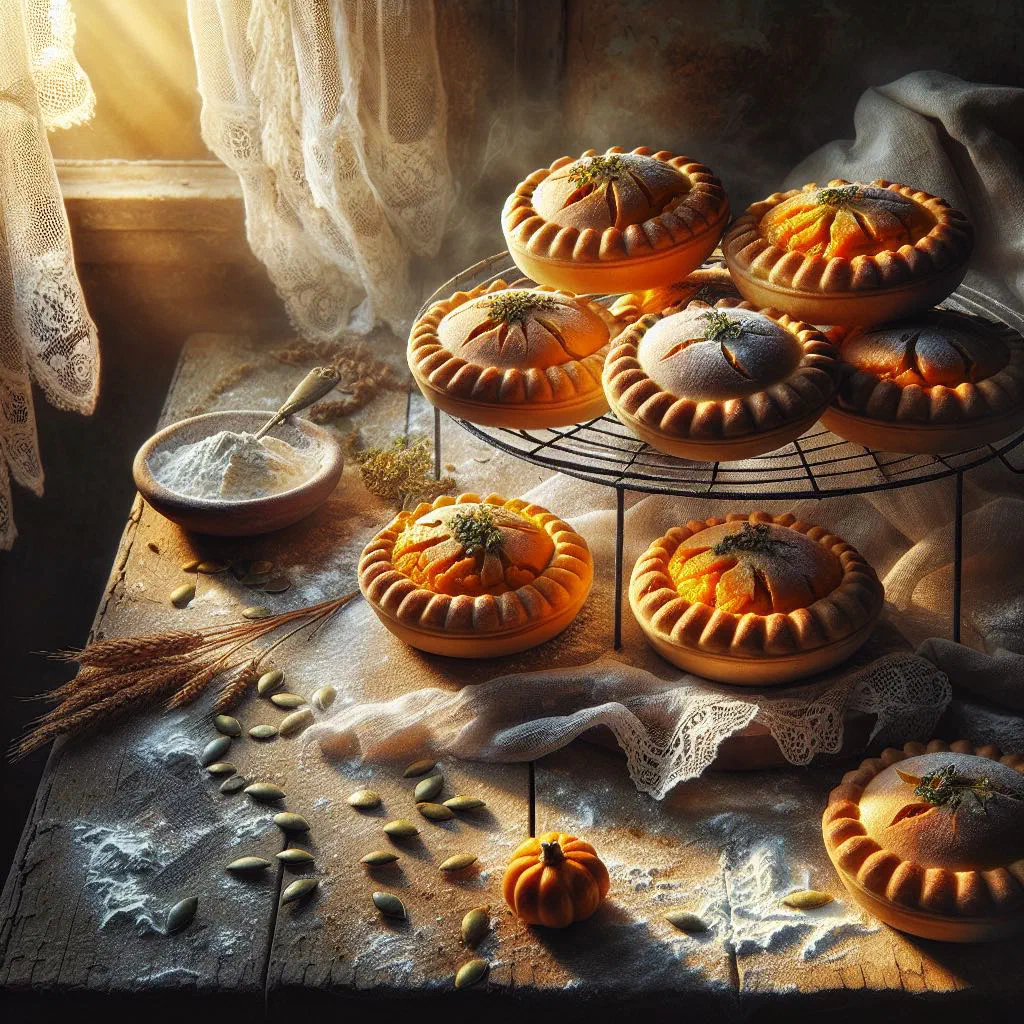 Golden baked kolokotes pastry parcels filled with spiced pumpkin
