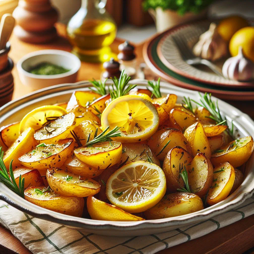 Golden roasted lemon potatoes with herbs on a rustic plate
