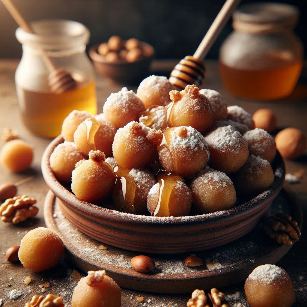 Golden fried loukoumades drizzled with honey and sprinkled with cinnamon and chopped nuts