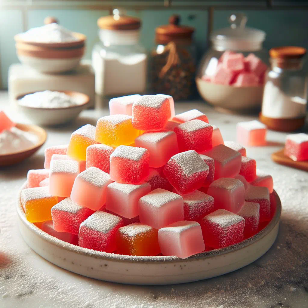 Cubes of Cypriot loukoumia dusted with icing sugar on a plate