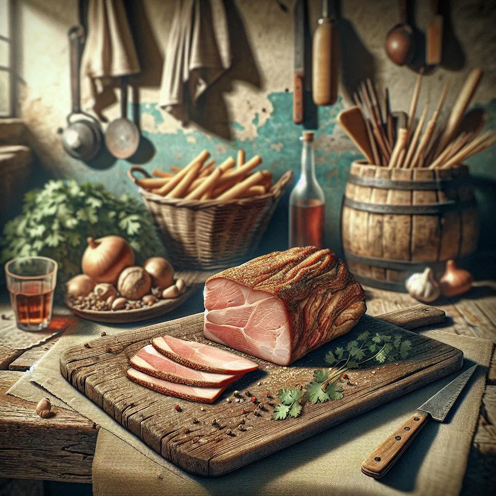 Sliced Cypriot lountza cured pork served with fresh bread