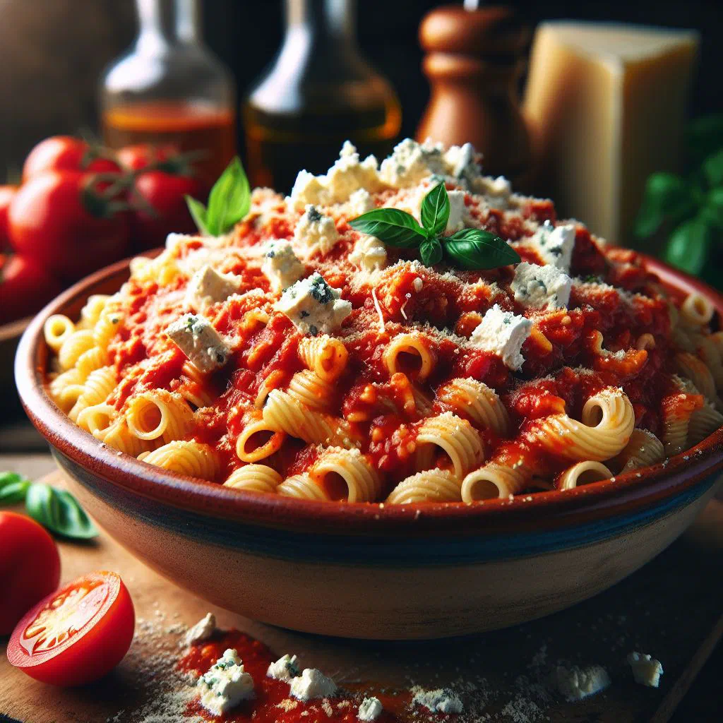 Plate of pasta tossed with crumbled anari cheese and fresh parsley