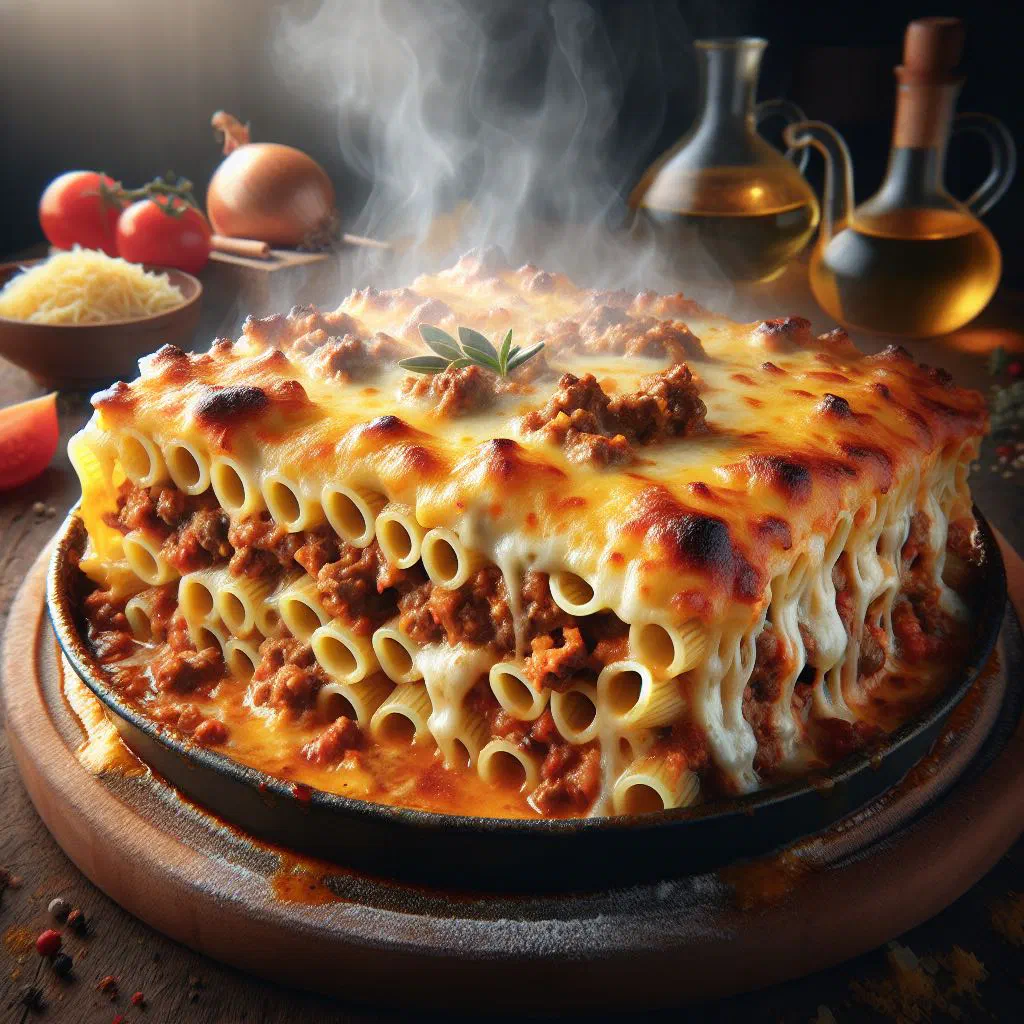 Baked Cypriot macaroni with golden cheese topping in a dish