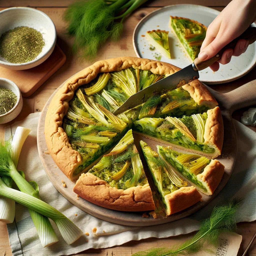 Golden Cypriot marathopita herb pie sliced on a wooden board