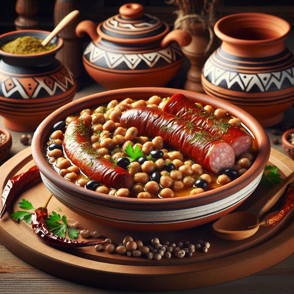 A rustic bowl of black-eyed beans with sliced Cypriot sausage, garnished with fresh parsley