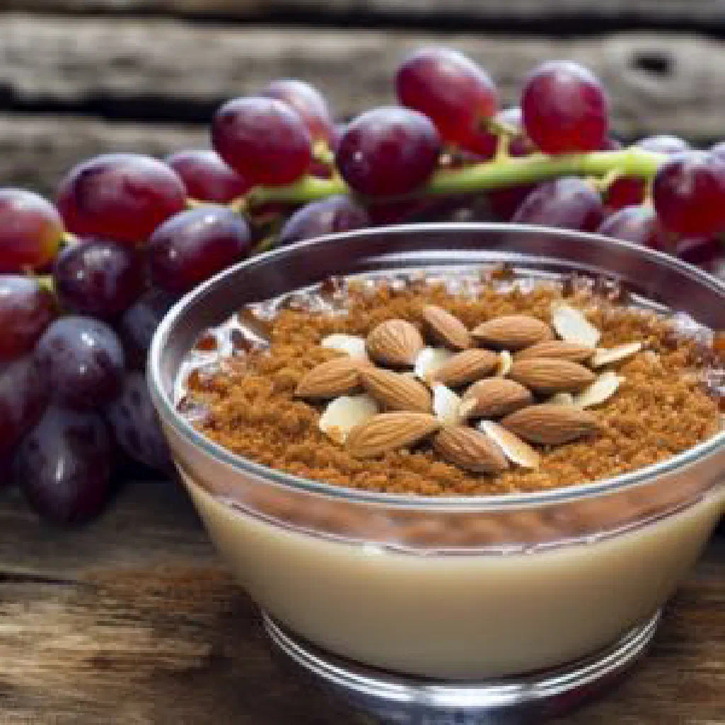 Set grape must pudding in small bowls topped with chopped nuts
