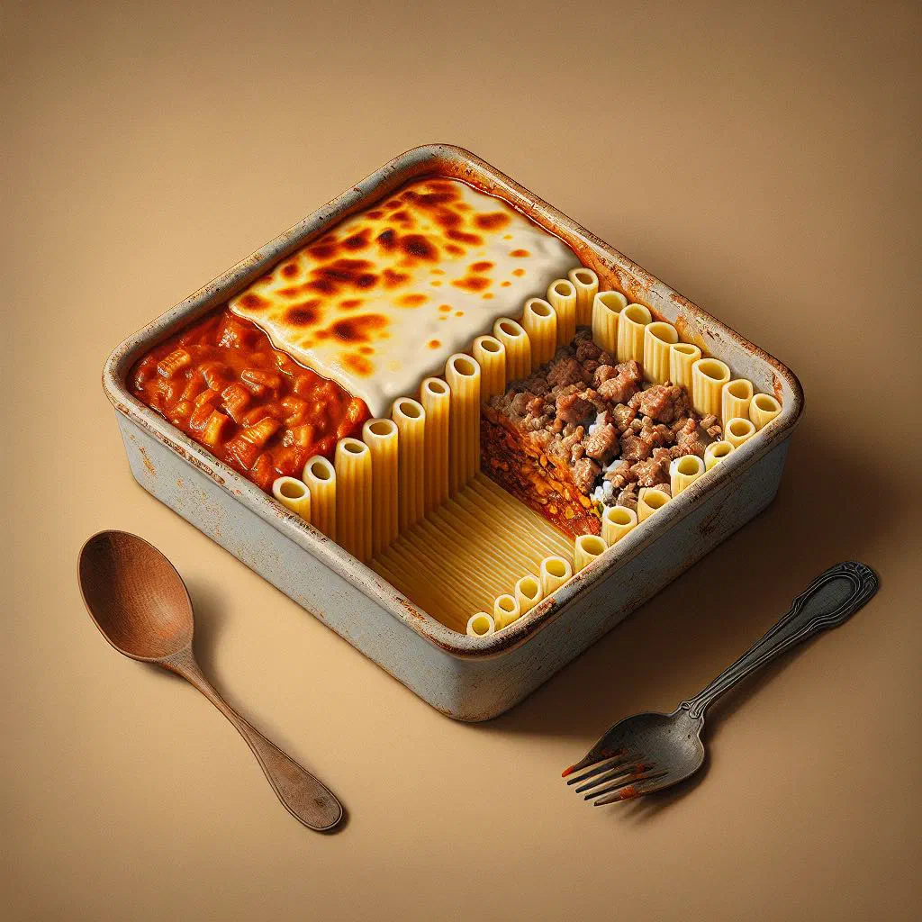 Golden-baked pastitsio with layered macaroni, minced meat and béchamel