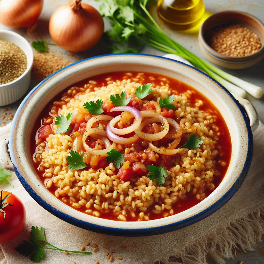 A bowl of toasted bulgur pilafi pourgouri garnished with fresh herbs