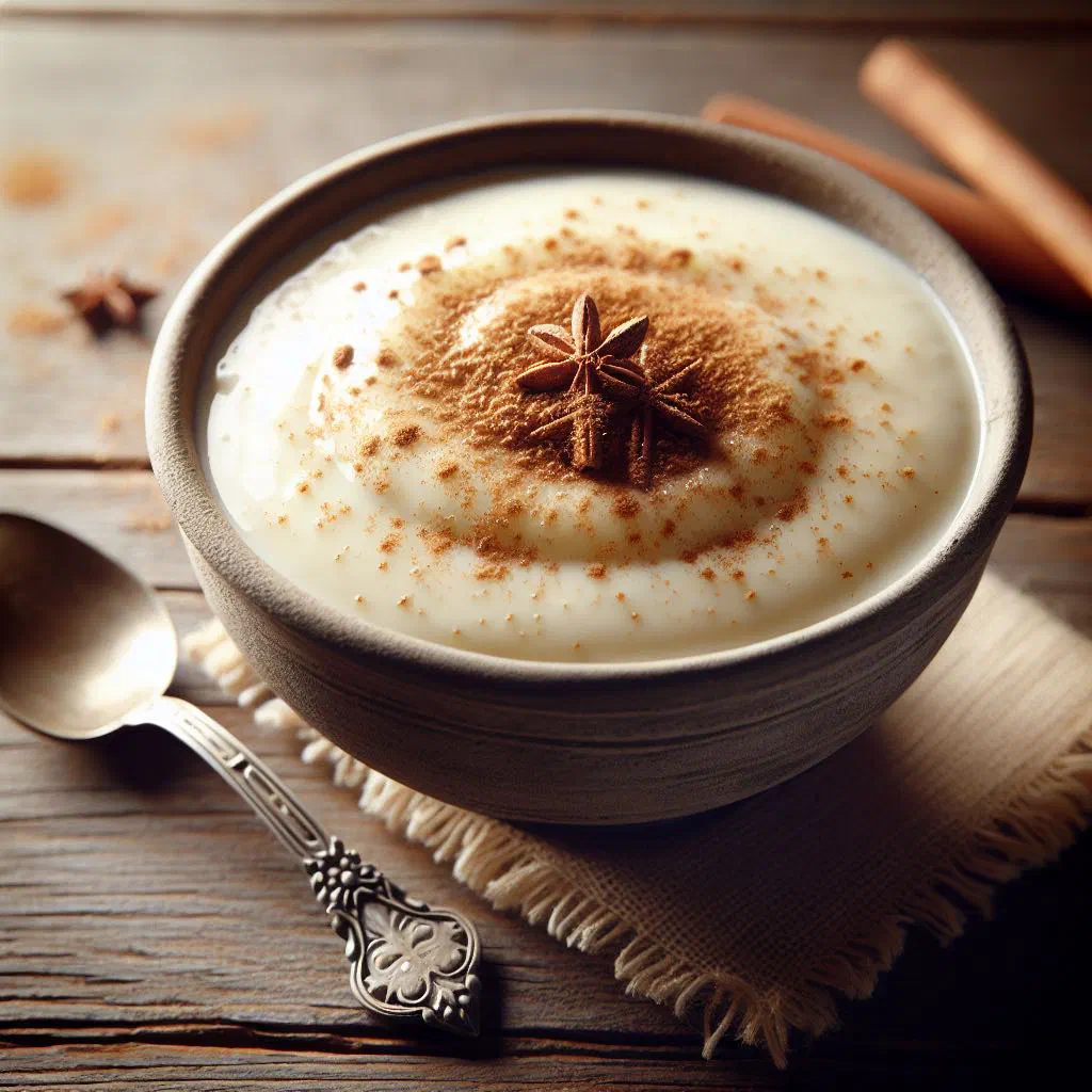 Bowls of creamy rizogalo rice pudding dusted with cinnamon
