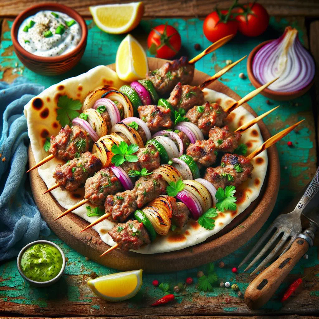 Grilled seftalies sausages served with pita bread and fresh herbs