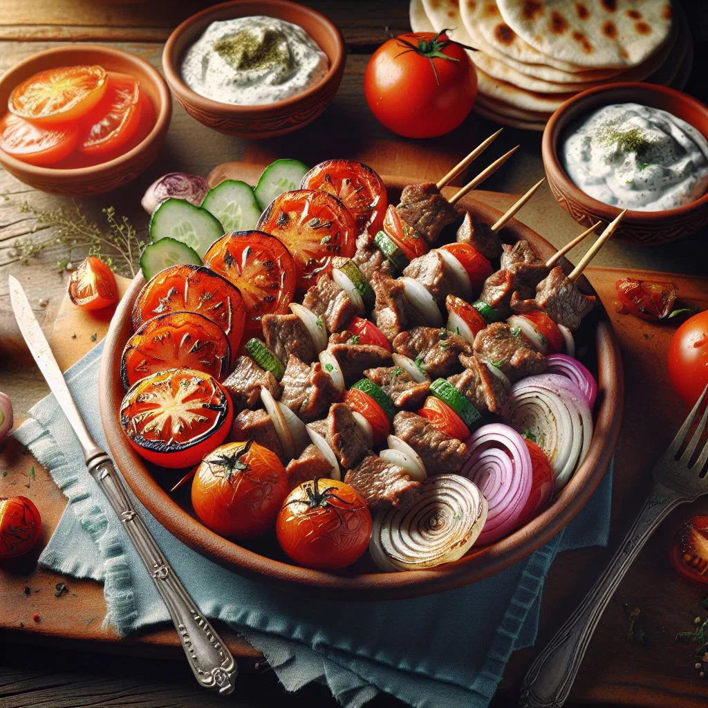Grilled souvlaki skewers served with flatbread and fresh vegetables
