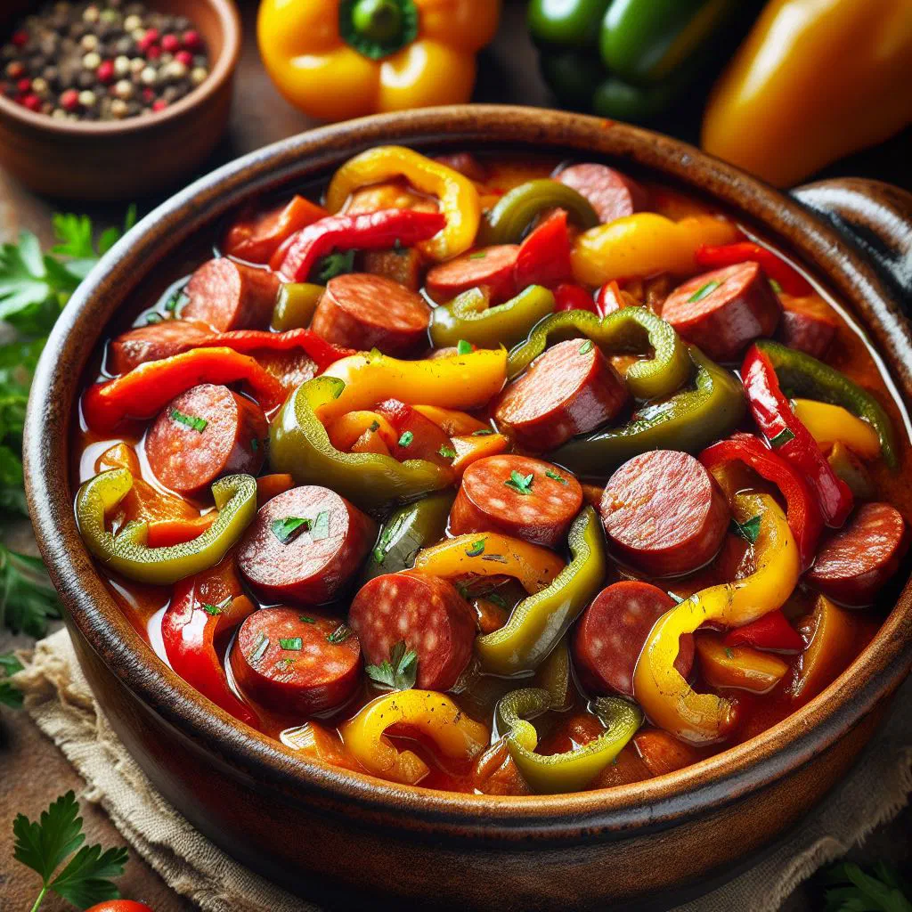 Spetsofai with spicy sausage, peppers and tomatoes in a rich sauce