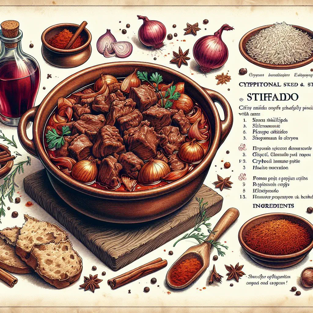 Cypriot stifado beef stew with caramelised onions in a rich red wine sauce