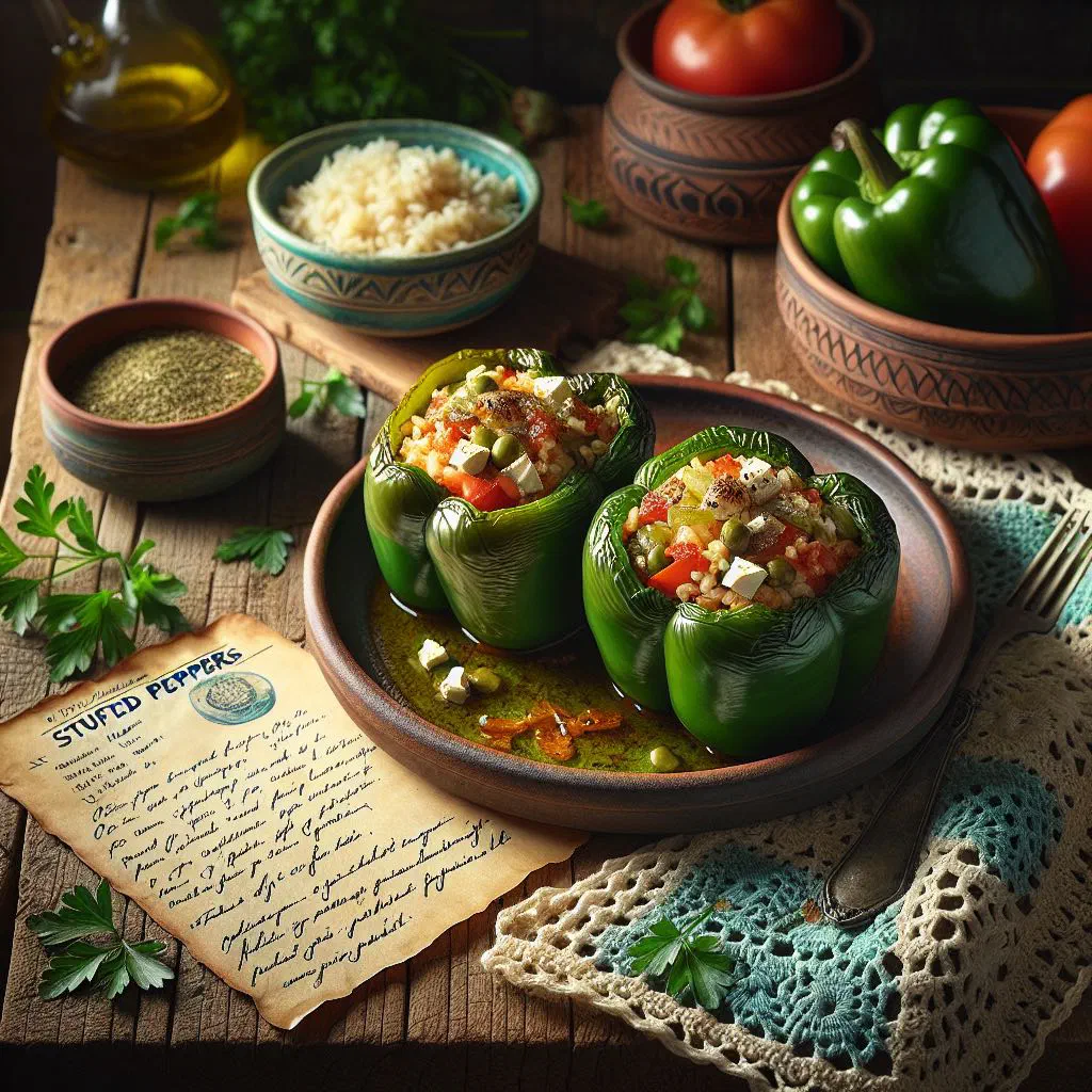 Baked stuffed peppers filled with rice and minced meat in tomato sauce