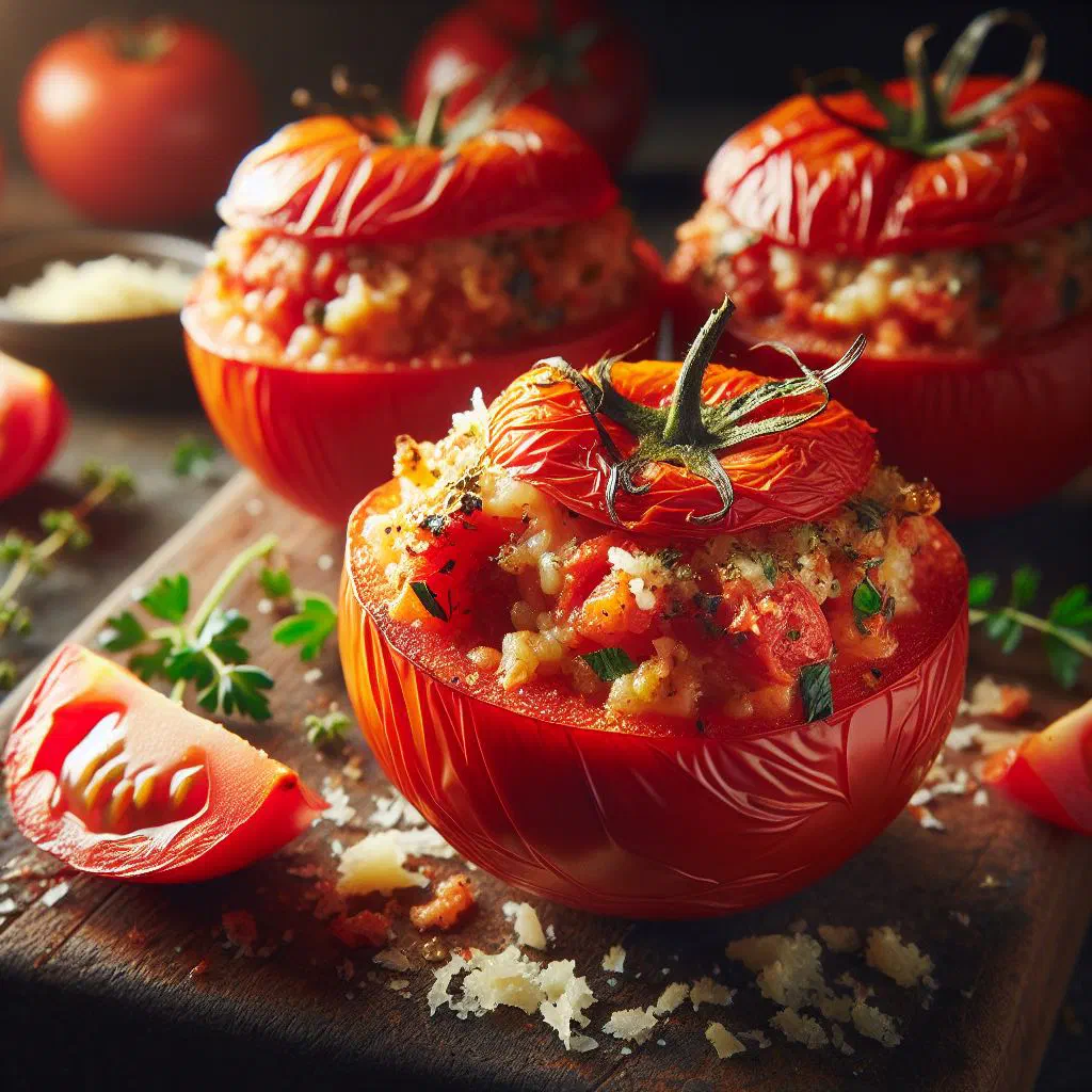 Baked stuffed tomatoes filled with herbed rice on a serving plate