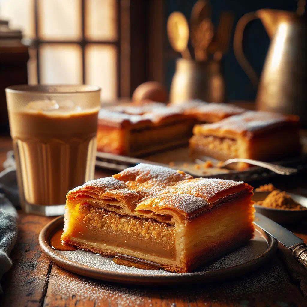 Golden baked tahinopita sesame cake sliced on a plate