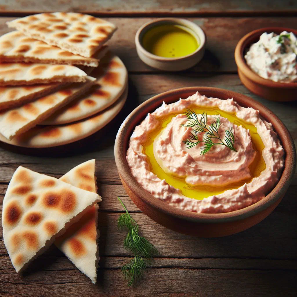 Creamy pink taramosalata dip in a bowl with olive oil and lemon