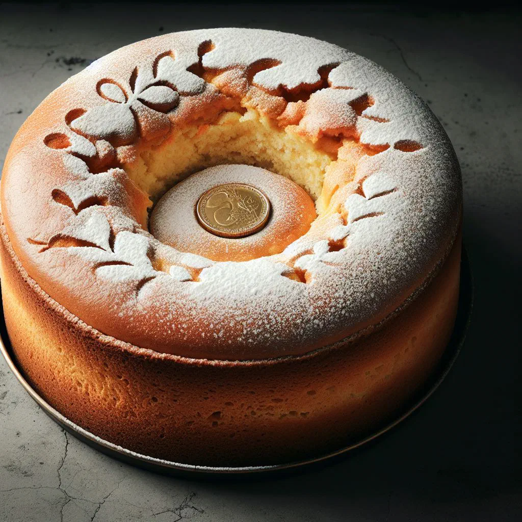 Golden Vasilopita New Year cake dusted with icing sugar on a serving plate