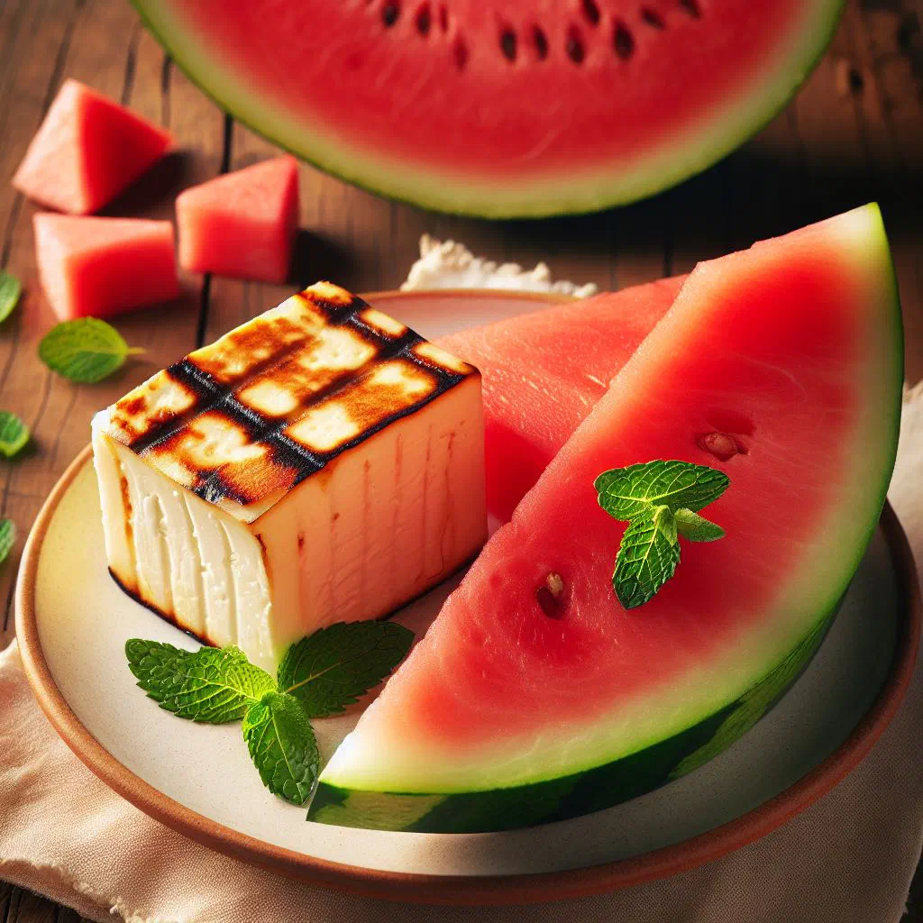 Slices of golden pan-fried halloumi over cubes of fresh watermelon with mint