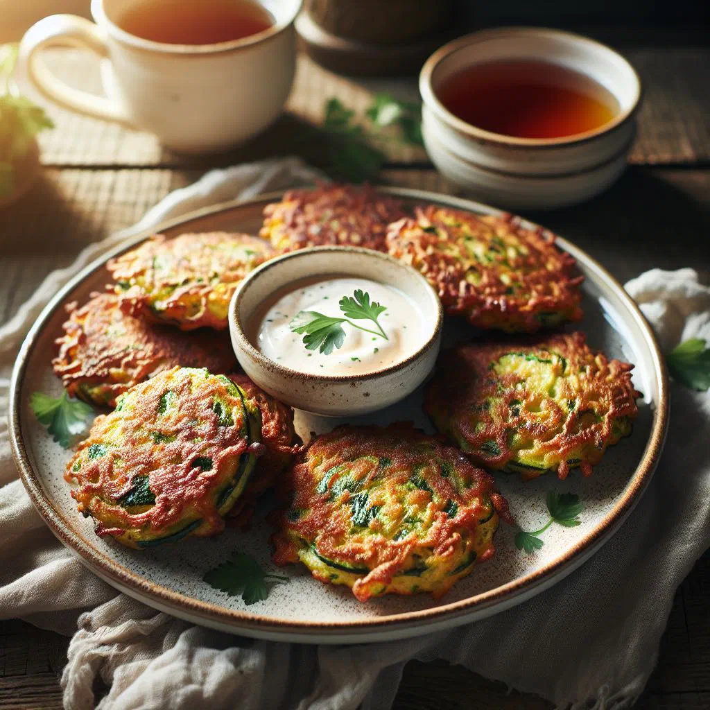 Golden Cypriot zucchini fritters garnished with fresh herbs