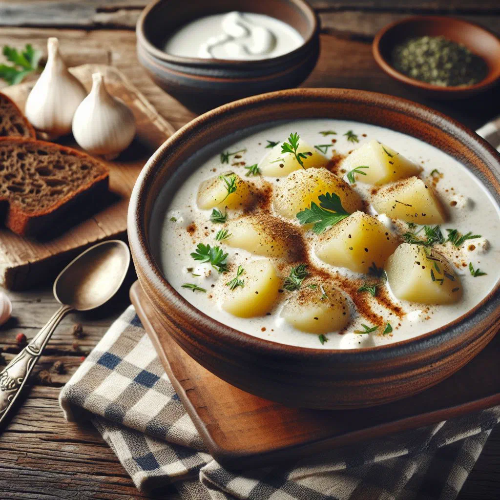 A creamy white Czech soup garnished with fresh herbs