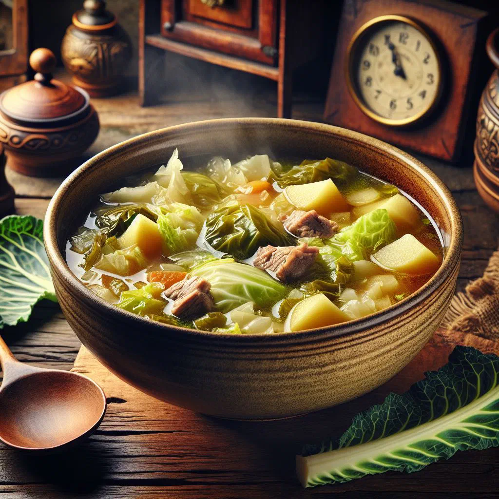 Bowl of Czech zelná polévka cabbage soup garnished with fresh parsley