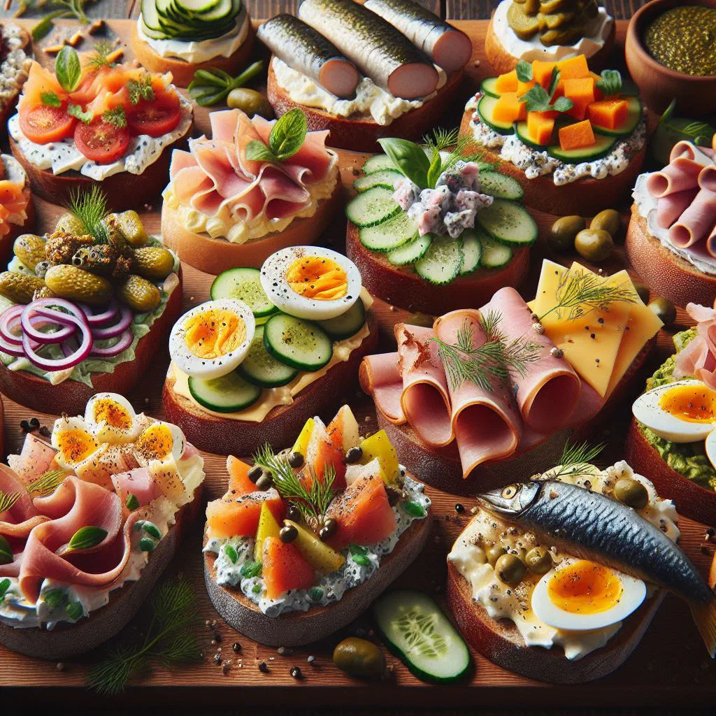 Czech chlebíčky open sandwiches topped with ham, cheese, egg and radishes