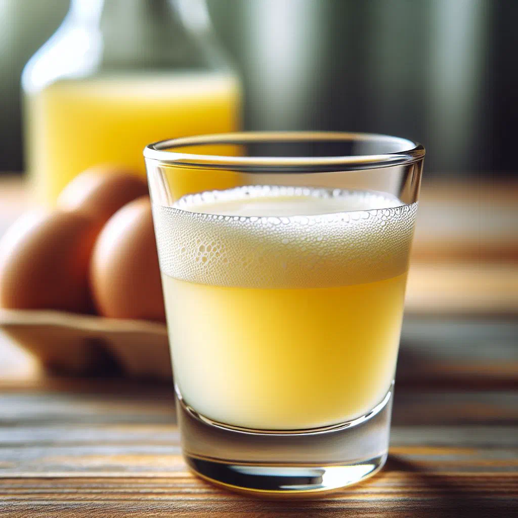 Glass of creamy homemade Czech egg liqueur beside a decorative bottle