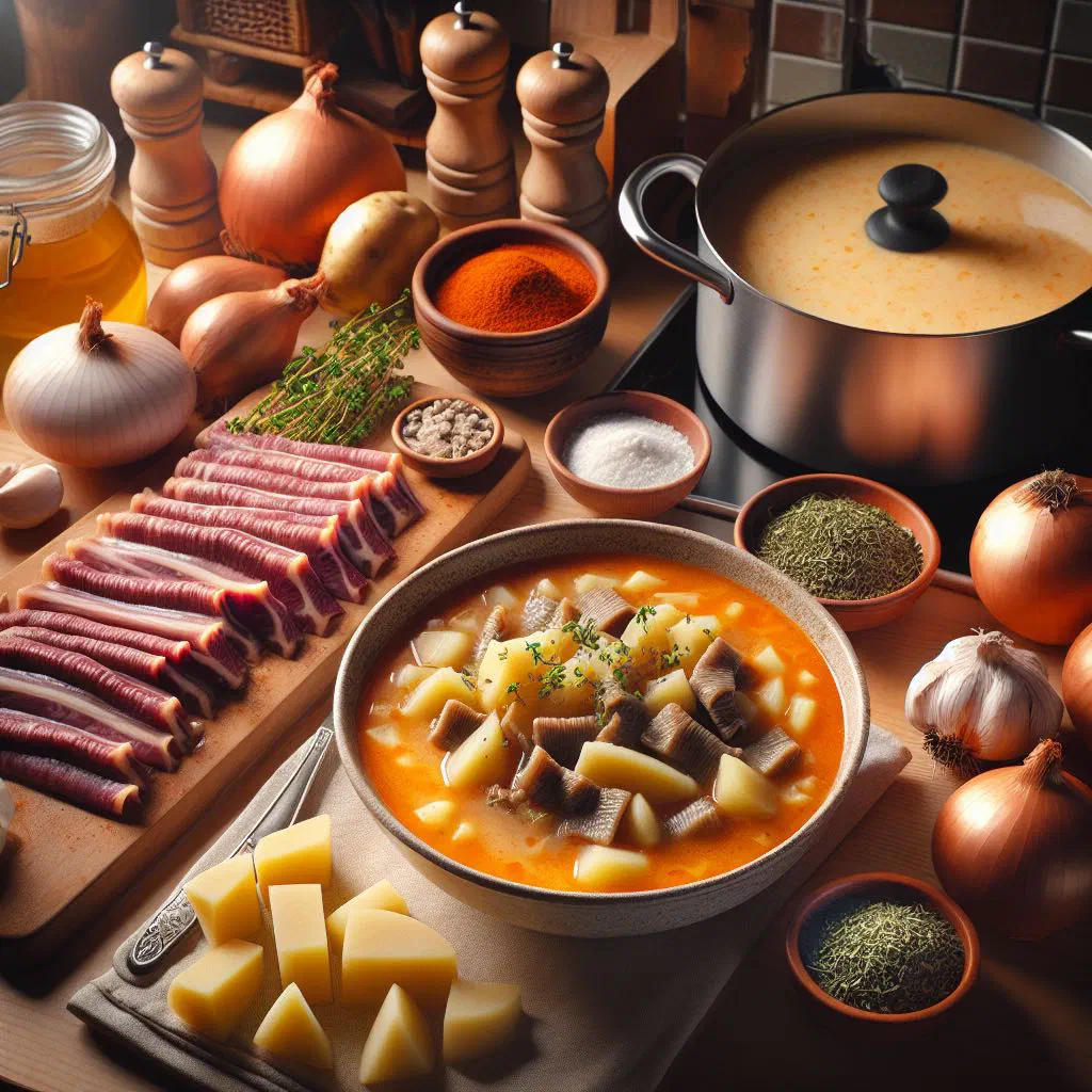 Bowl of Czech tripe soup with paprika broth and fresh parsley