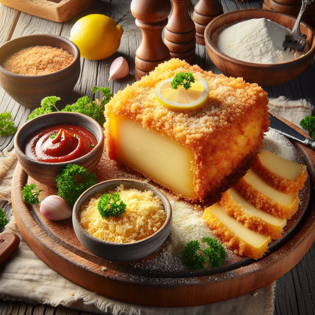 Golden fried cheese slices served with a dollop of tartar sauce