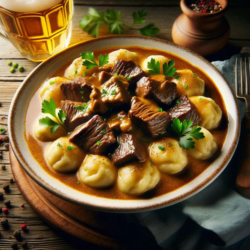 Tender braised beef in a creamy sauce garnished with parsley