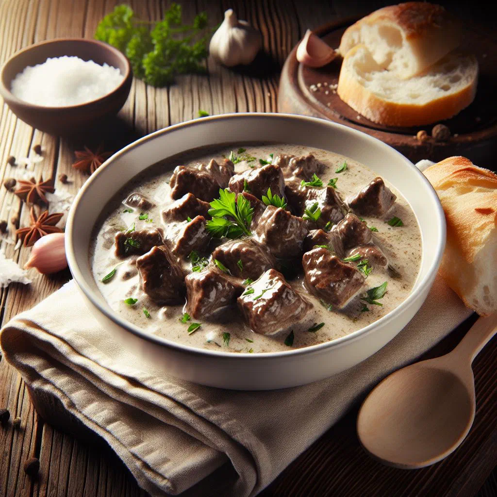 Beef stroganoff in a creamy mushroom sauce garnished with parsley