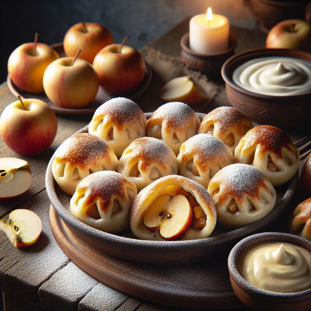 Czech apple dumplings dusted with sugar and golden buttered breadcrumbs