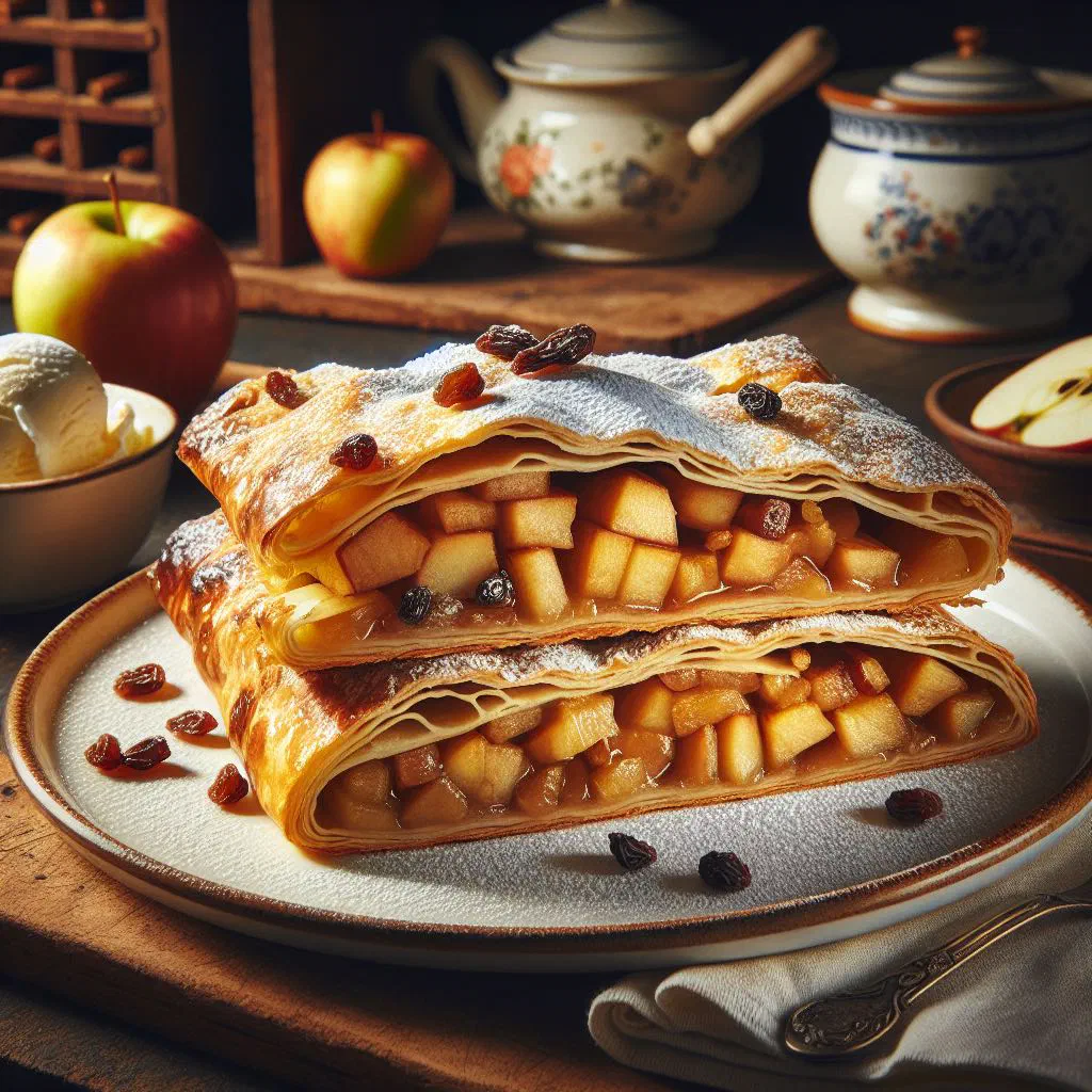 Sliced Czech apple strudel dusted with icing sugar