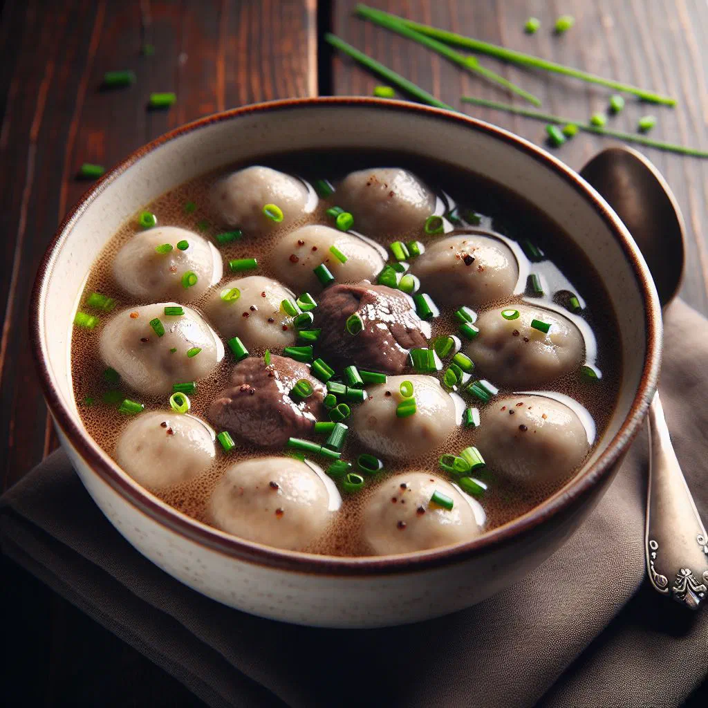 Bowl of Czech liver dumpling soup garnished with fresh parsley