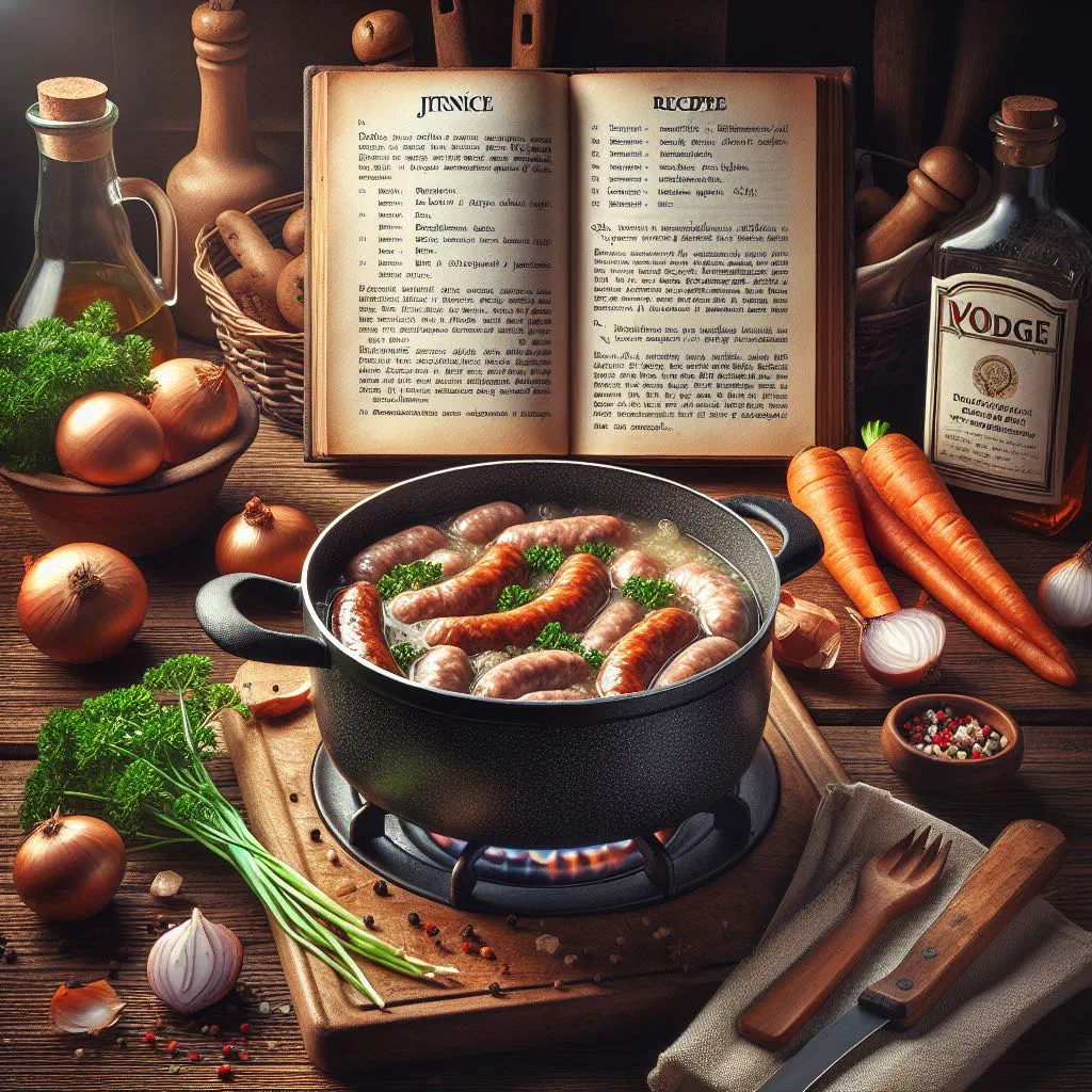 Grilled Czech jitrnice sausages served with fresh herbs
