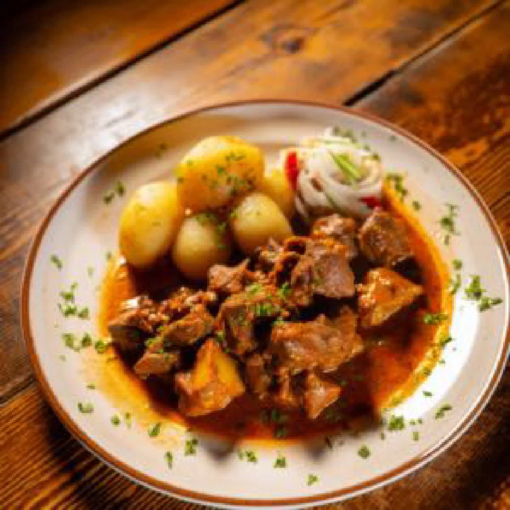 Slow-cooked Kozí Brada with tender goat meat, carrots and potatoes in a rustic bowl