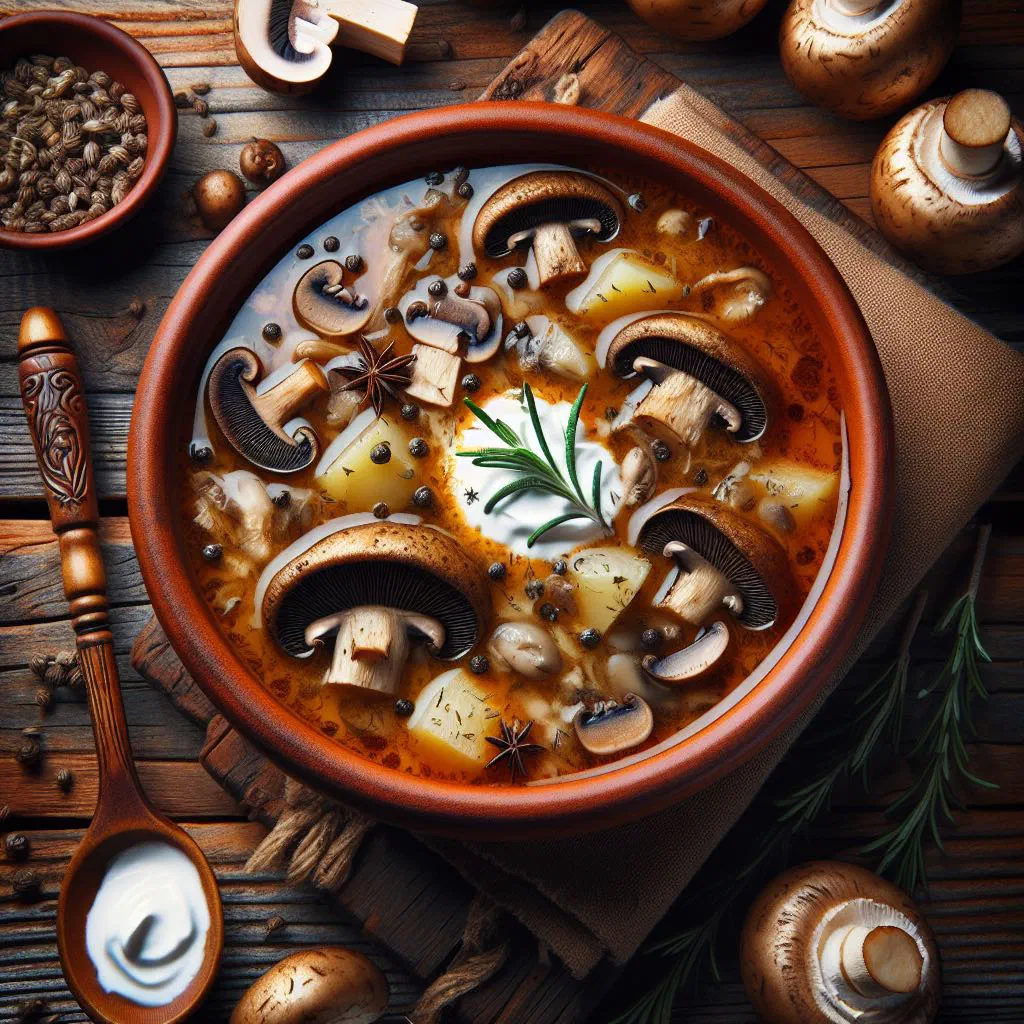 Bowl of Czech kyselo sourdough soup with mushrooms and herbs
