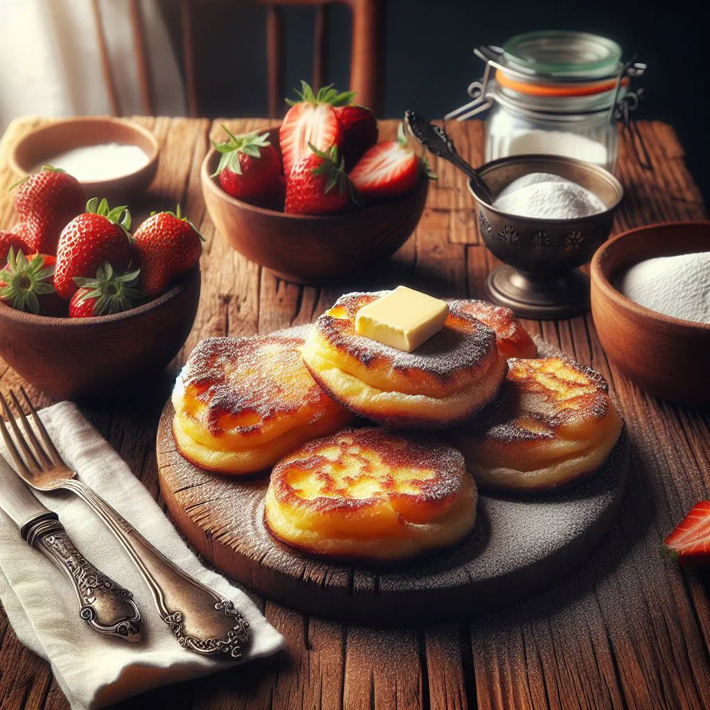Stack of fluffy Czech lívance pancakes topped with jam and a dusting of icing sugar