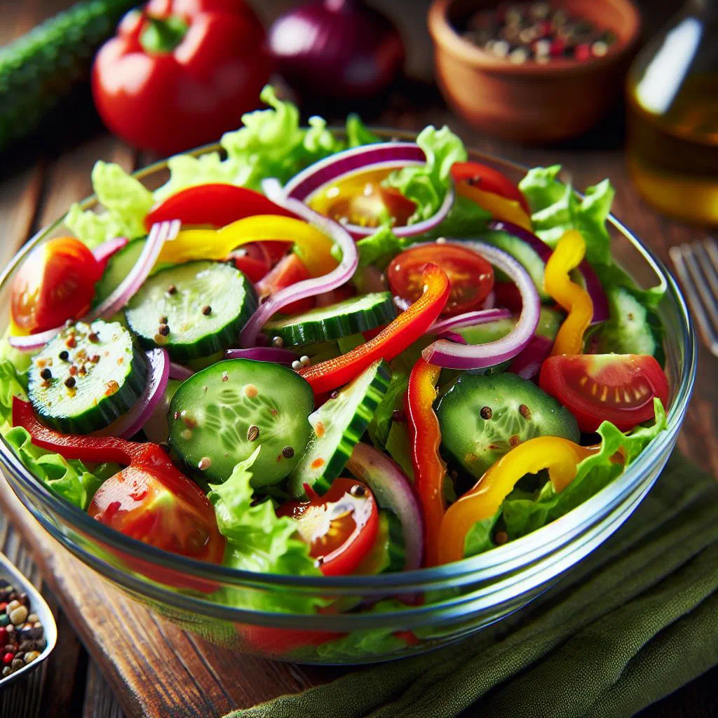 Colourful Czech mixed salad with fresh vegetables and crumbled feta