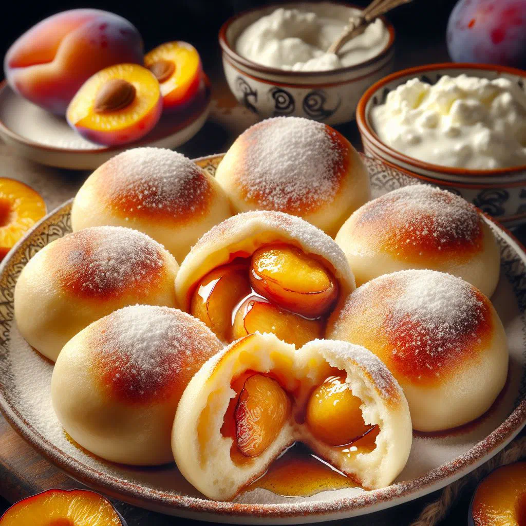Czech fruit dumplings dusted with icing sugar and vanilla sauce