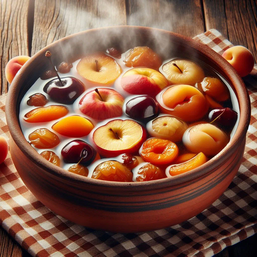 Bowl of Czech fruit compote with cinnamon and fresh mint