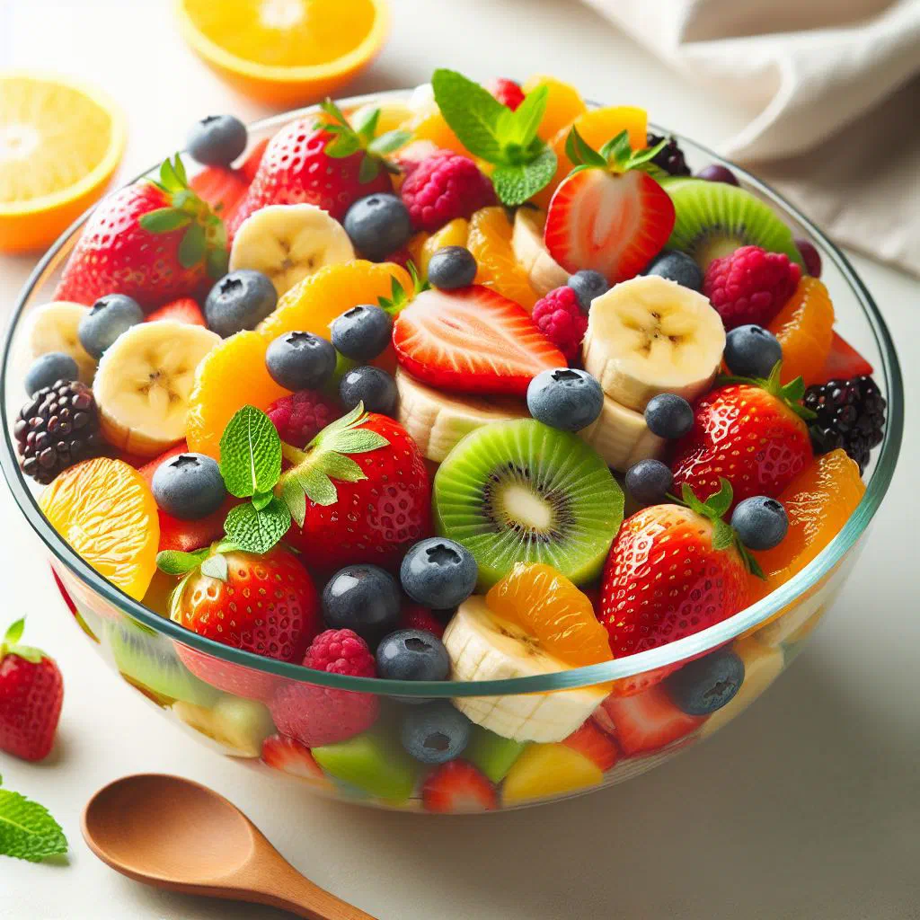 A colourful bowl of Czech fruit salad topped with fresh mint leaves