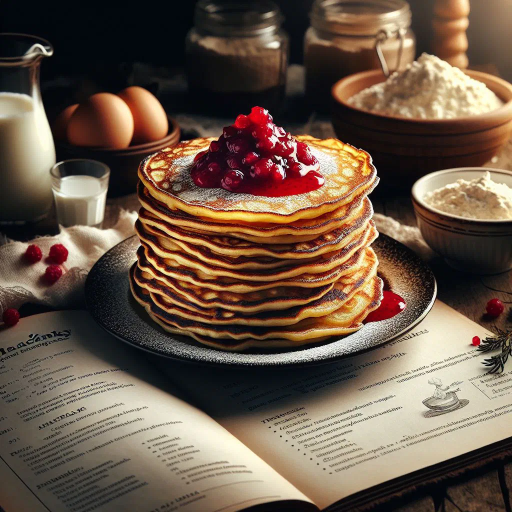 Rolled Czech palačinky pancakes dusted with icing sugar and fresh berries