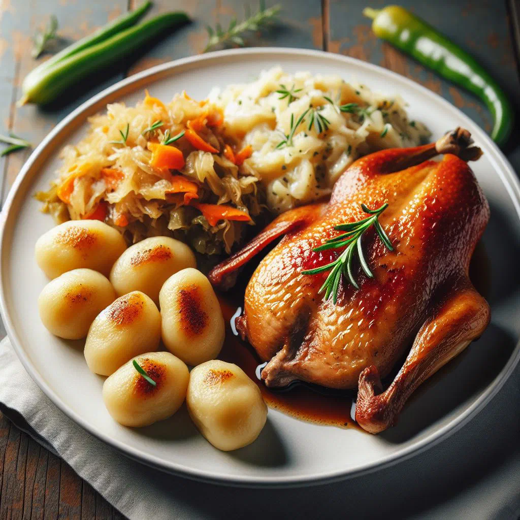 Crispy roast duck breast with sauerkraut and Czech dumplings