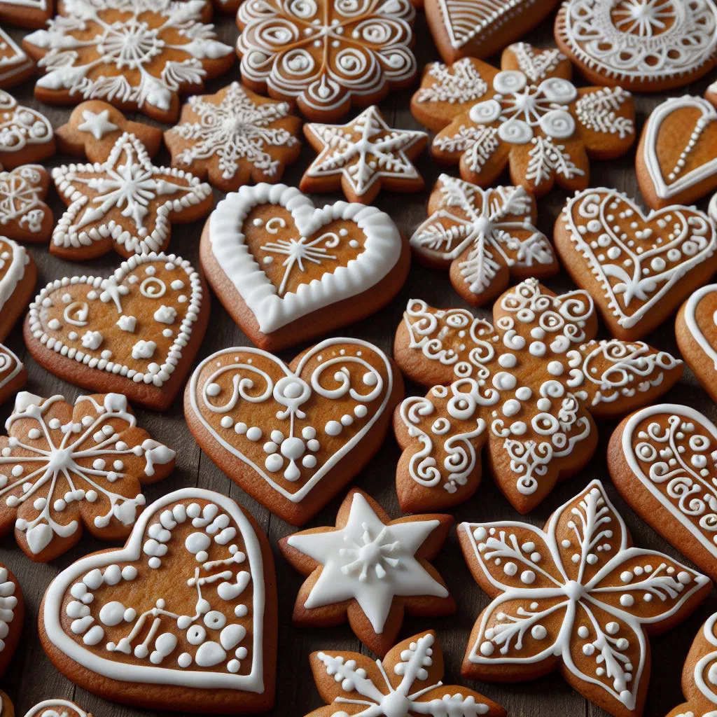 Decorated Czech honey gingerbread cookies dusted and iced for the festive season