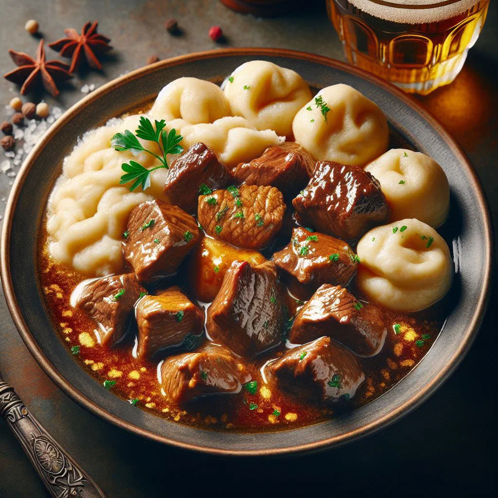 Bowl of Czech beer goulash with tender beef in a rich paprika sauce