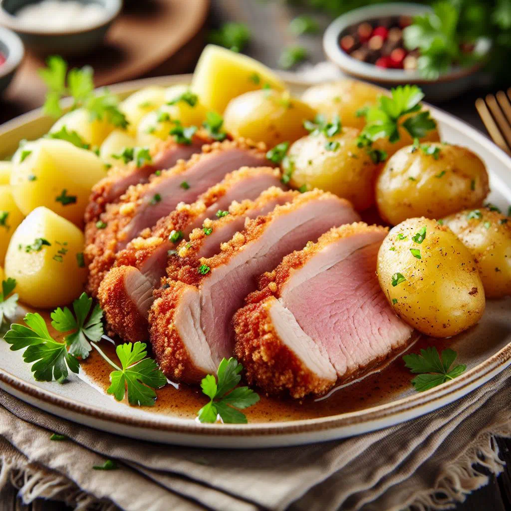 Golden breaded Czech pork schnitzel served with potato salad and lemon