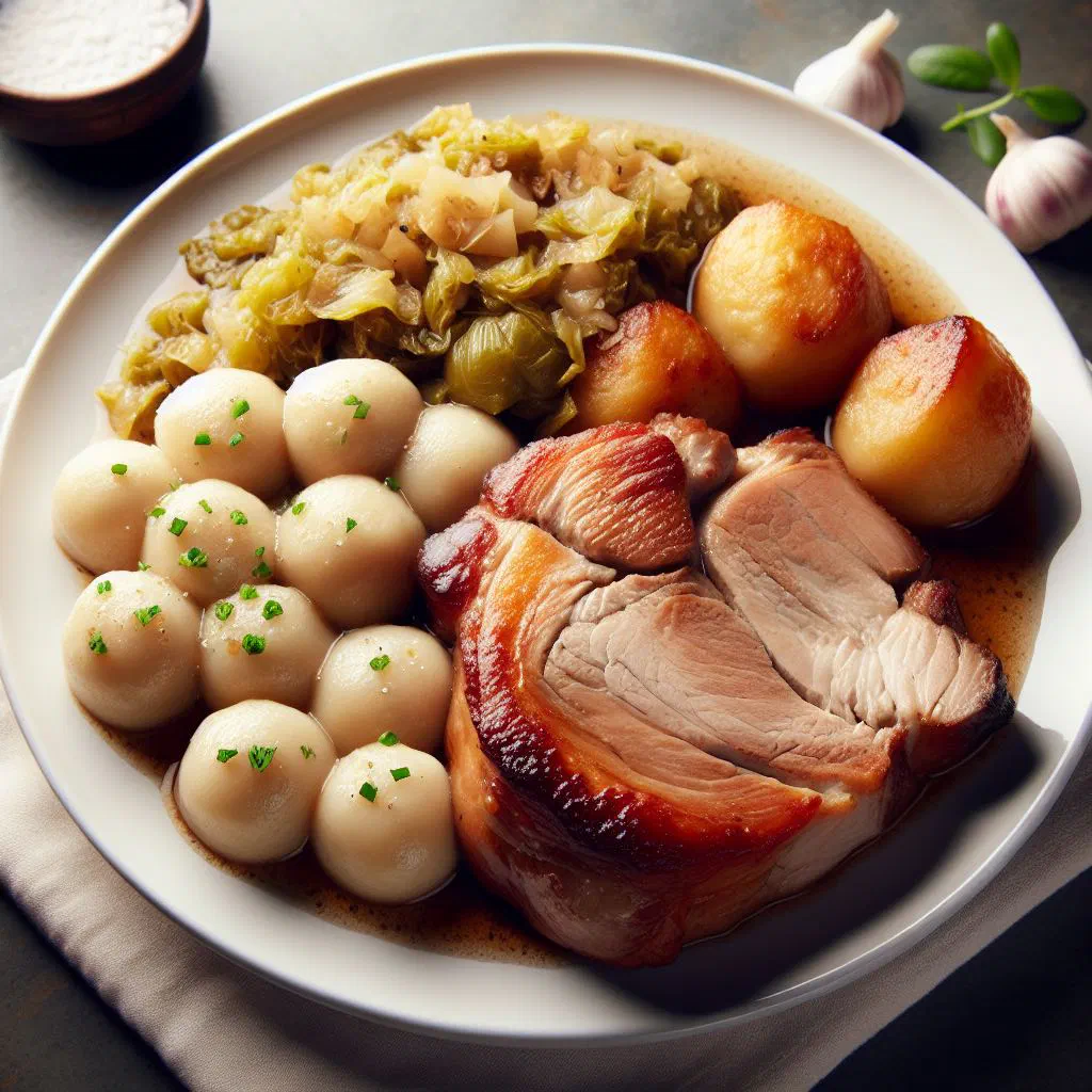 Sliced roast pork with bread dumplings and sauerkraut on a plate